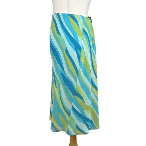 Apostrophe Blue Green Tan Abstract Print A-Line Y2K Knee Length Skirt Low Rise - Picture 4 of 8